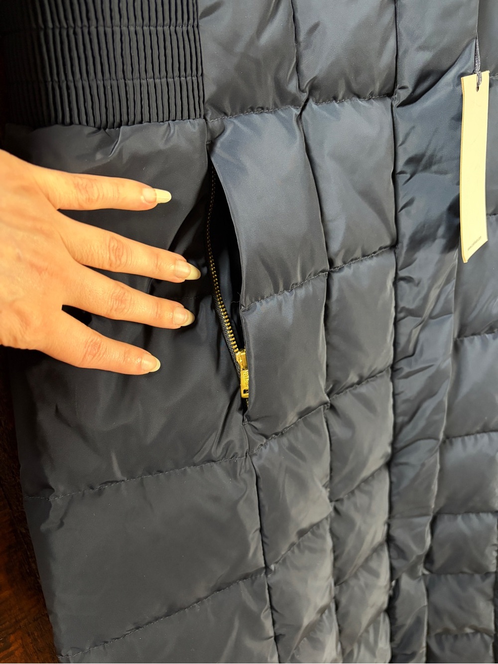 Cole Haan Navy Quilted Down/Feather Hooded Maxi Puffer Coat Medium - Picture 6 of 8